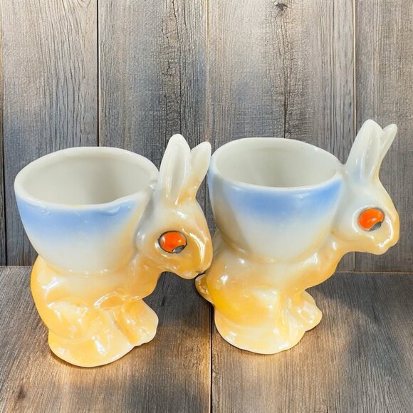 Japanese Ceramic Lusterware Rabbit Bunny Egg Holder Set 2 Toothpick Holder VTG - Picture 1 of 13